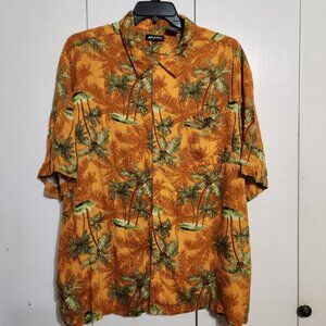 3XL Puritan Tropical Hawaiian Shirt Palm Tree Sunset Print Orange 100% Rayon